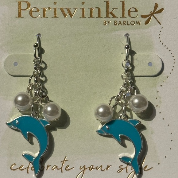 Periwinkle by Barlow Dolphin Dangle Earrings in Silver and Blue with Faux Pearls - Picture 3 of 3
